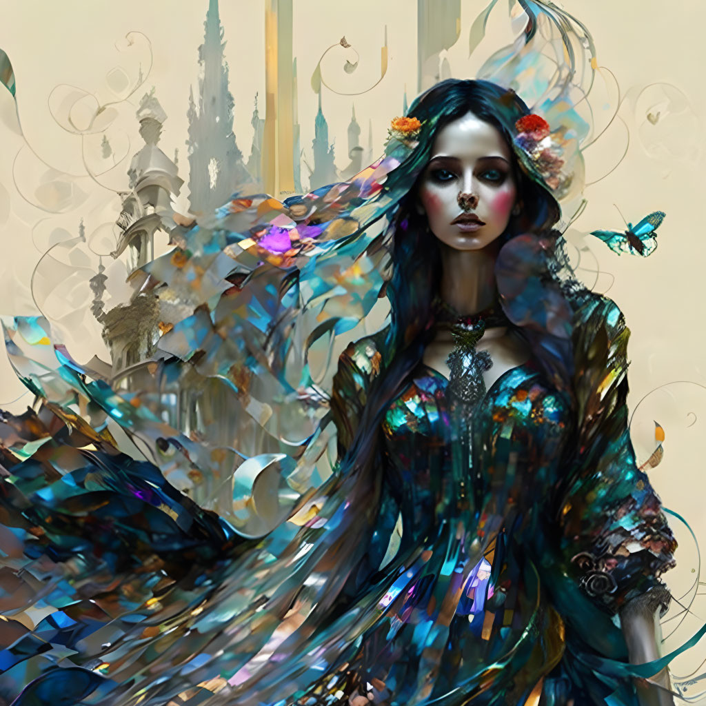 Illustrated woman in iridescent garments with butterflies, ethereal spires backdrop