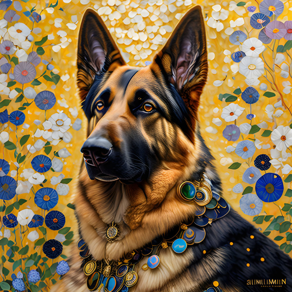 German Shepherd Portrait with Luxurious Necklace on Floral Background