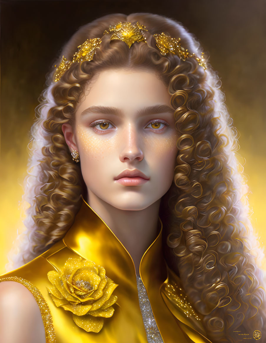 Portrait of a person with golden curly hair, adorned with flowers, freckled skin, in yellow