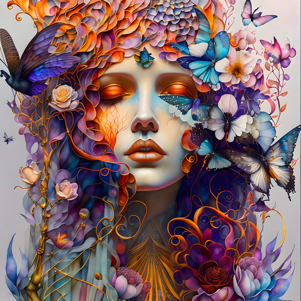 Colorful Artwork: Surreal Female Face with Flowers and Butterflies