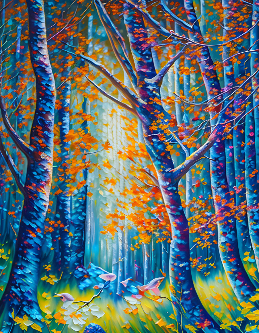 Colorful Enchanted Forest Painting with Twisted Trees and Butterflies