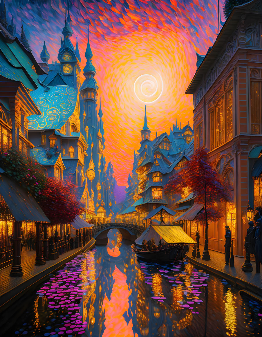 Vivid Fantasy Canal City Painting at Sunset