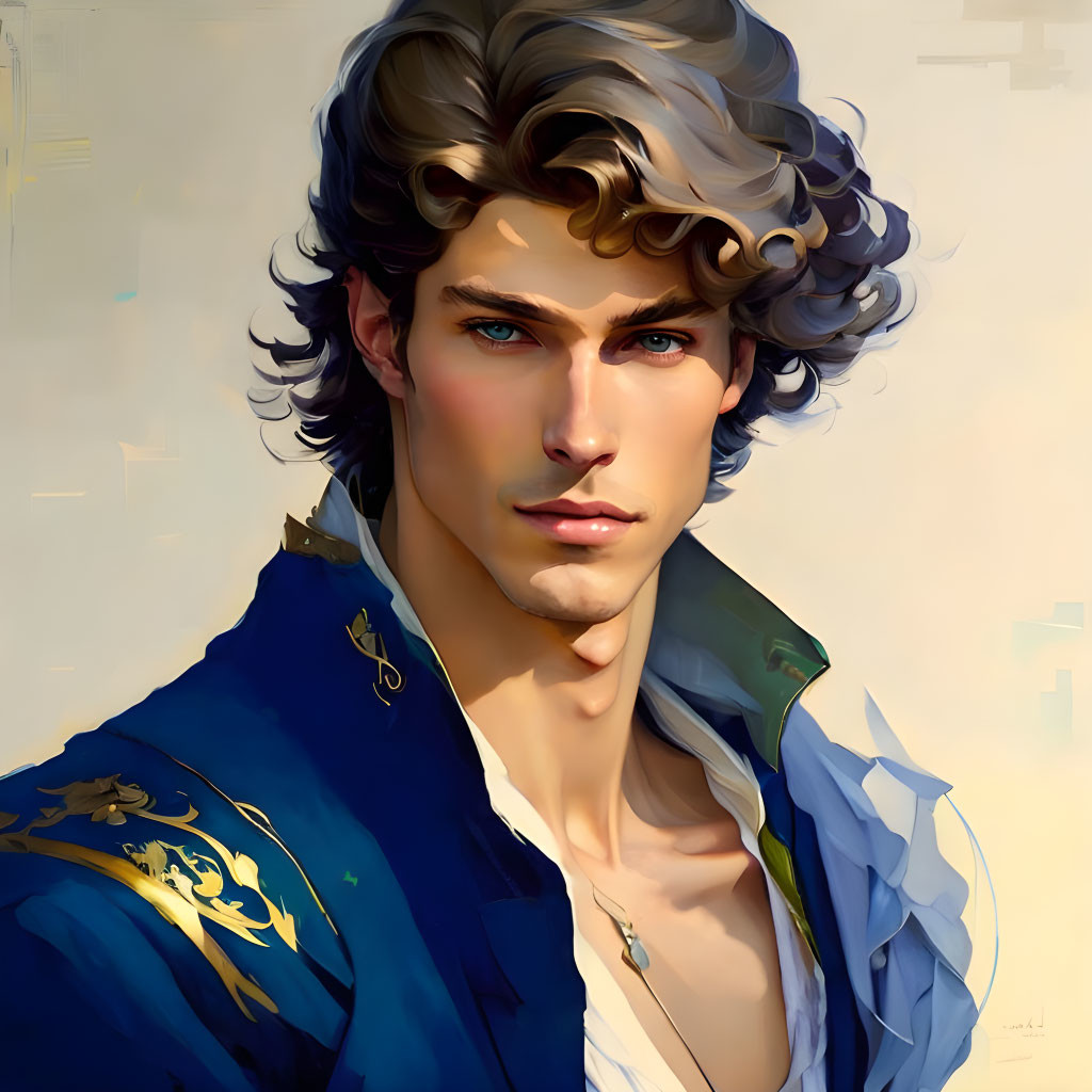 Man with Wavy Hair in Blue & Gold Jacket Portrait