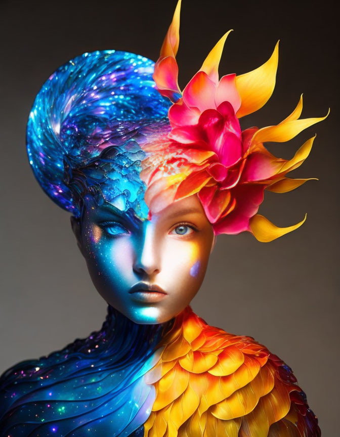 Colorful portrait with marine life and feather-inspired makeup and floral headpiece