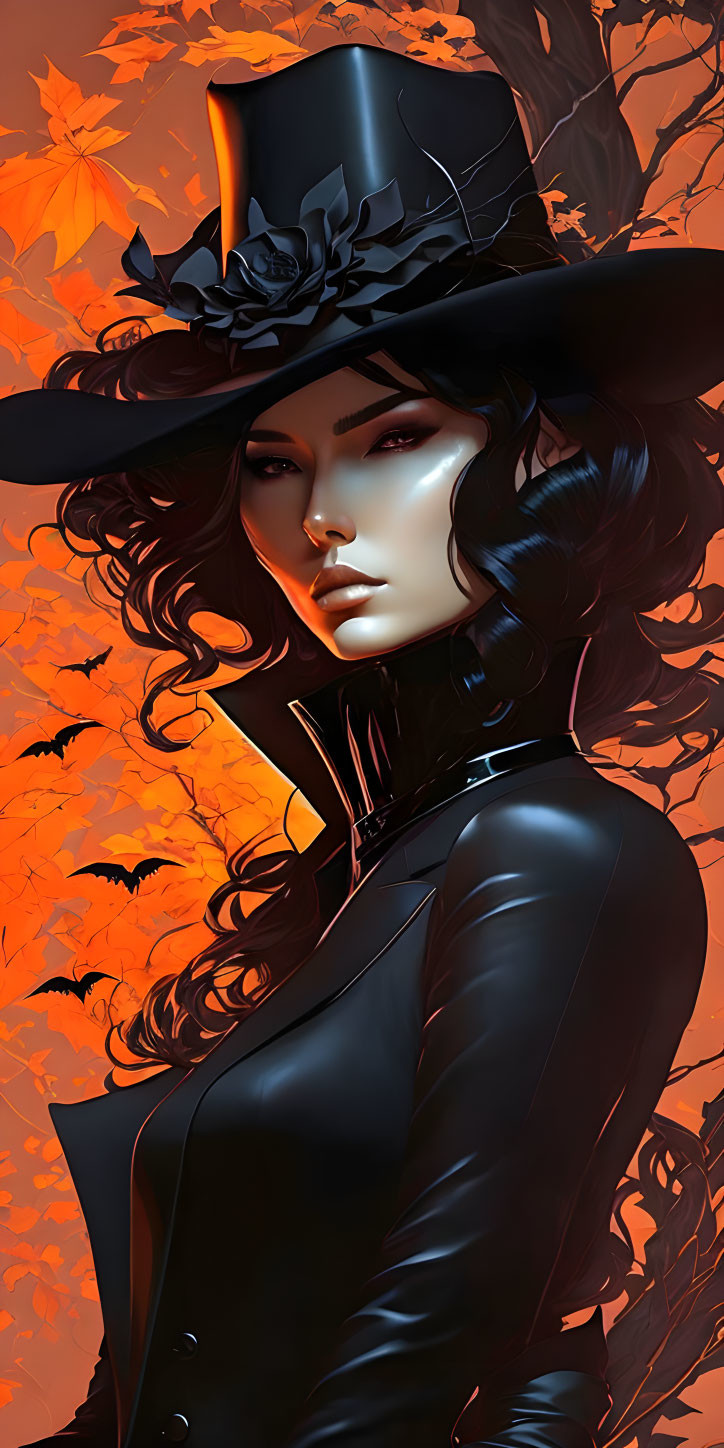 Dark-haired female figure in top hat and black outfit amidst autumn leaves and bats.