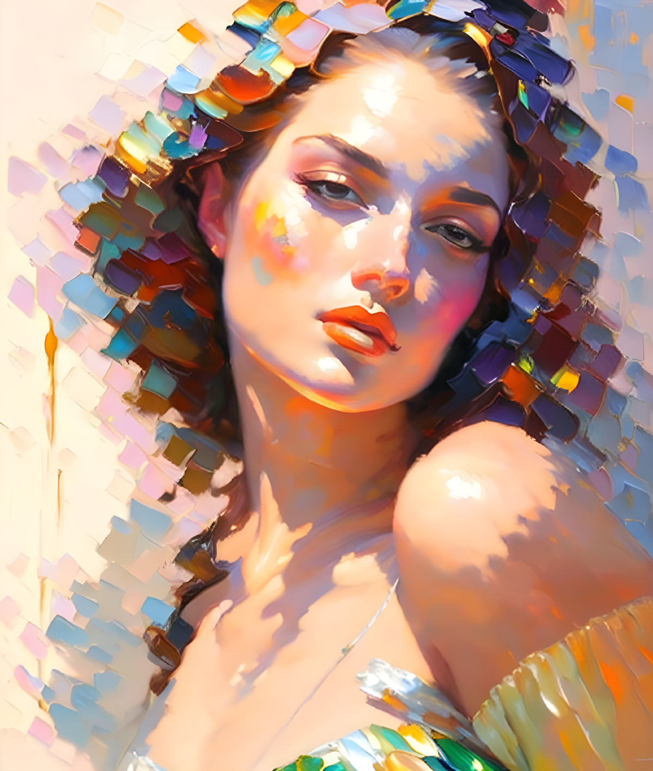 Colorful Digital Painting of Woman with Fragmented Light Patterns