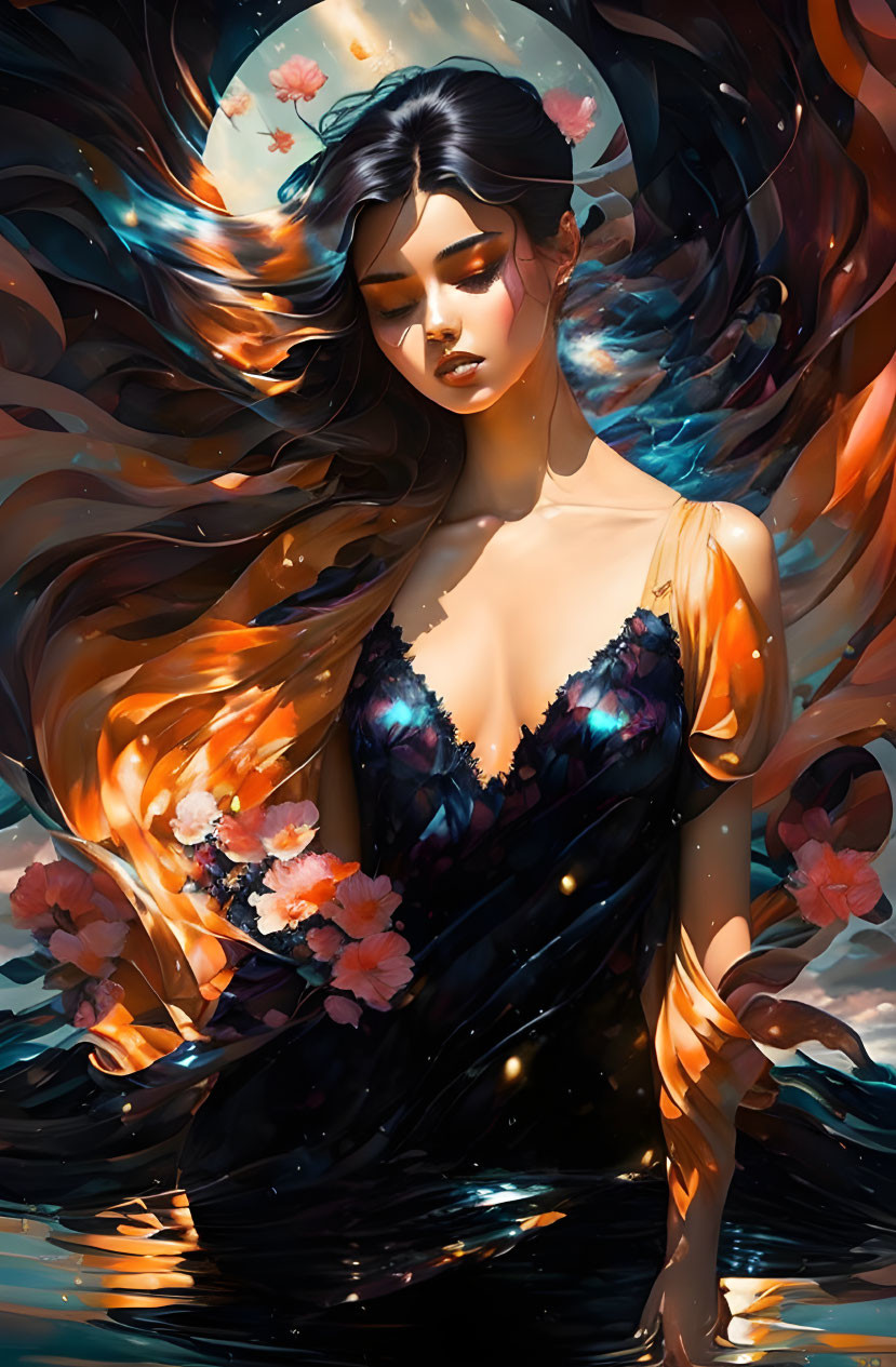 Digital artwork featuring woman with starry night sky dress in ethereal setting