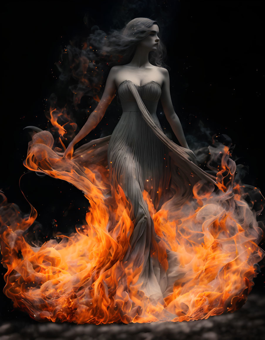 Woman in flowing gown engulfed in flames, fiery transformation theme.