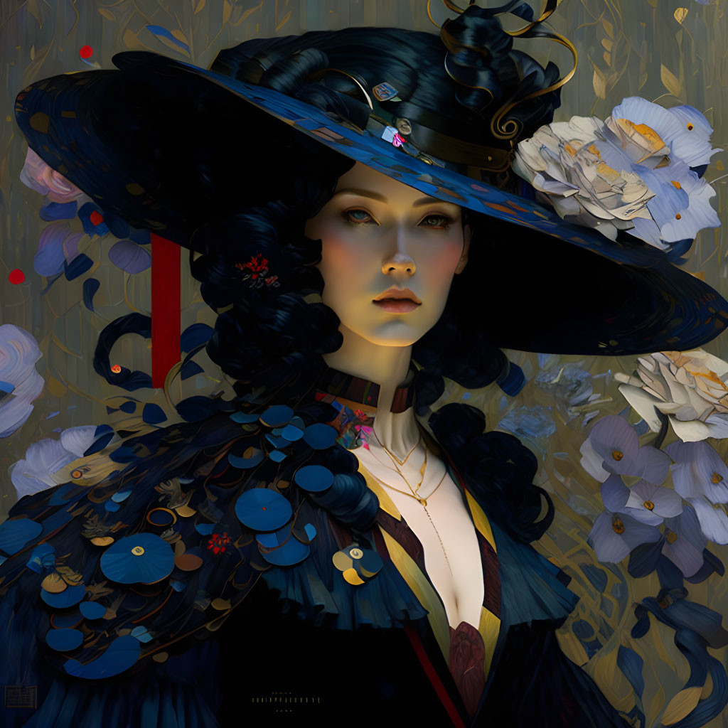 Illustrated Woman in Black Hat with Flowers Among Gold and Blue Florals