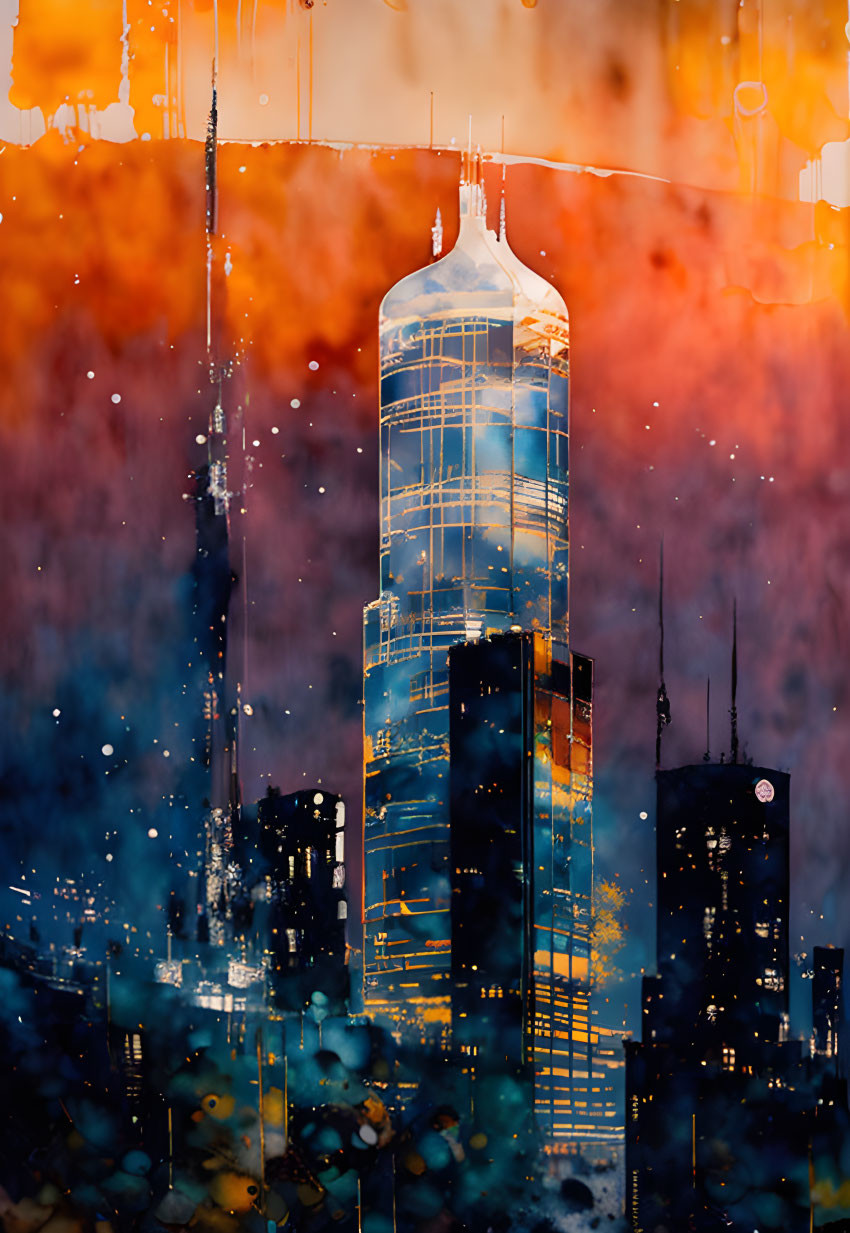 Skyscraper in Cityscape with Colorful Watercolor Background