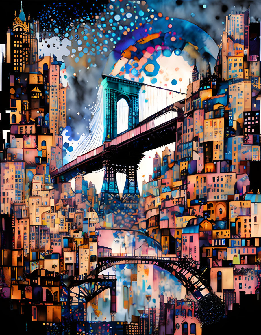 Colorful Abstract Cityscape with Bridge and Light Orbs