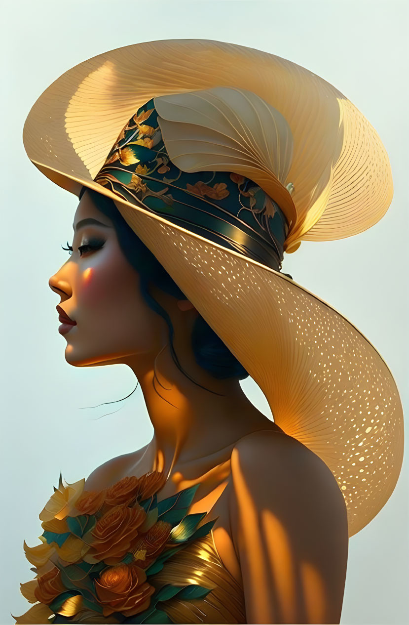 Digital artwork of woman in wide-brimmed hat with golden floral designs and feather shoulder piece