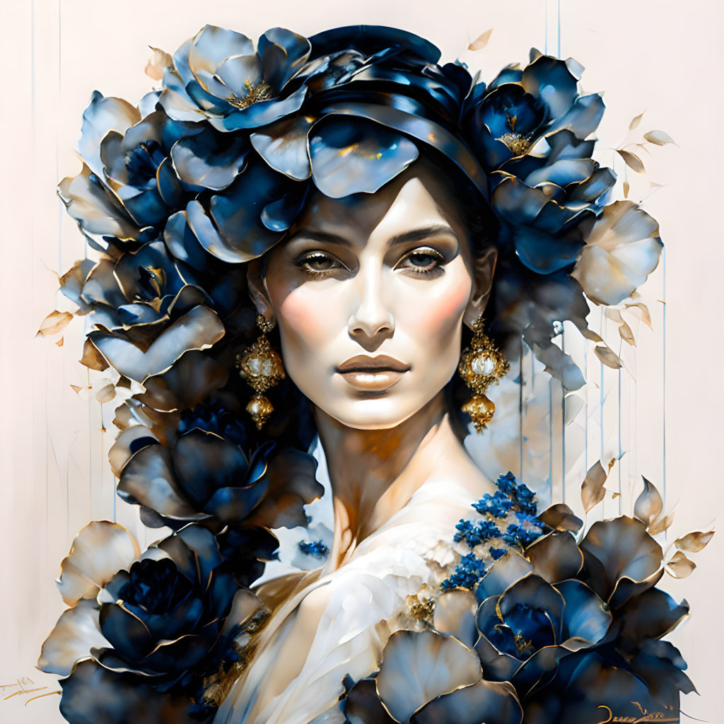 Illustrated portrait of woman with blue flowers and gold earrings