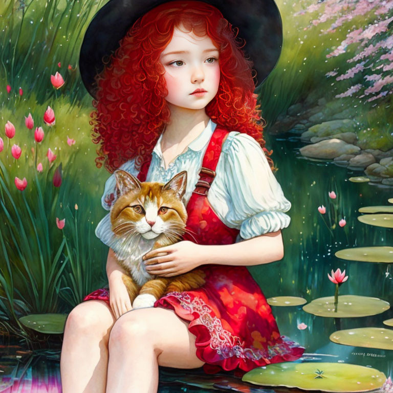 Red-haired girl in black hat and red dress with orange cat by tulip pond