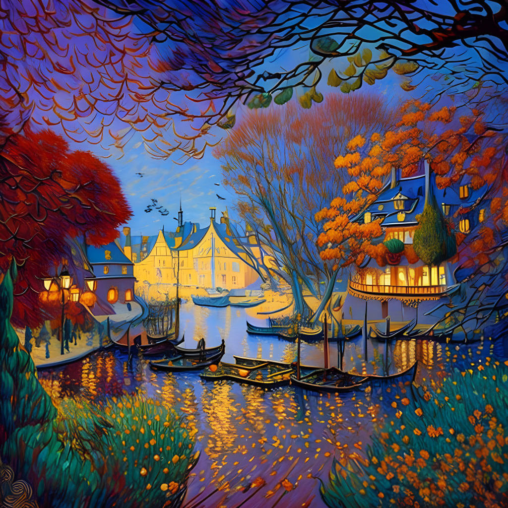 Colorful riverside painting with traditional houses and boats at twilight