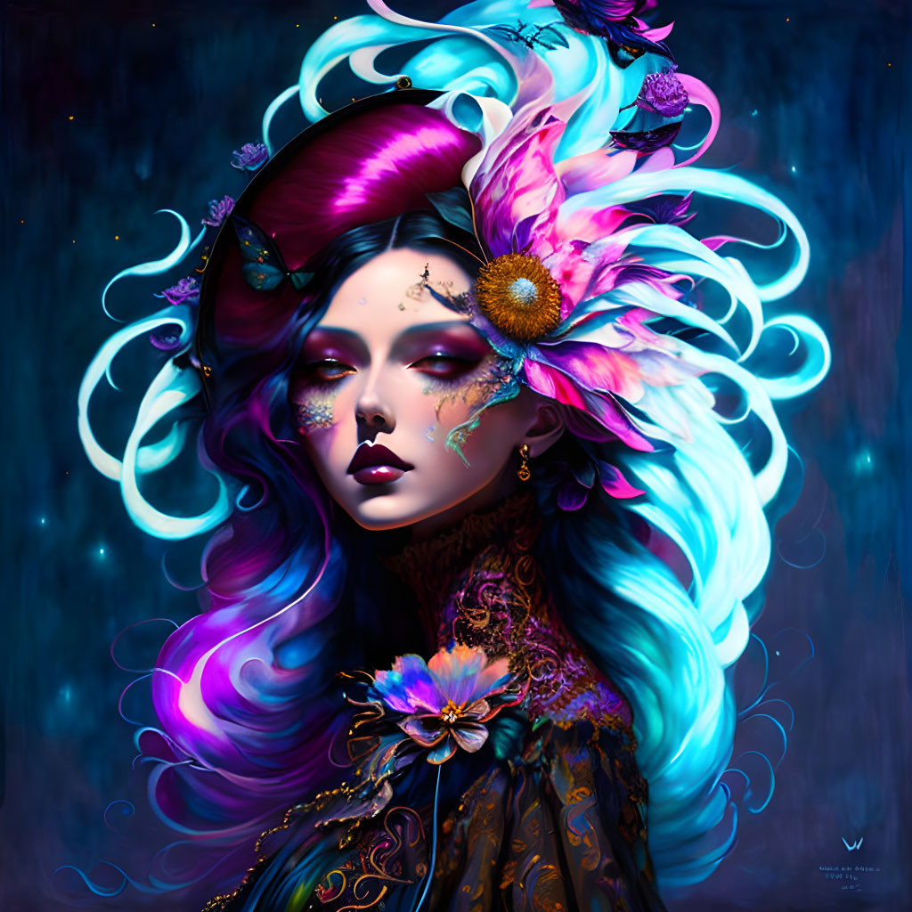 Illustrated female figure with purple and blue hair, flowers, stars, and bird on dark blue background