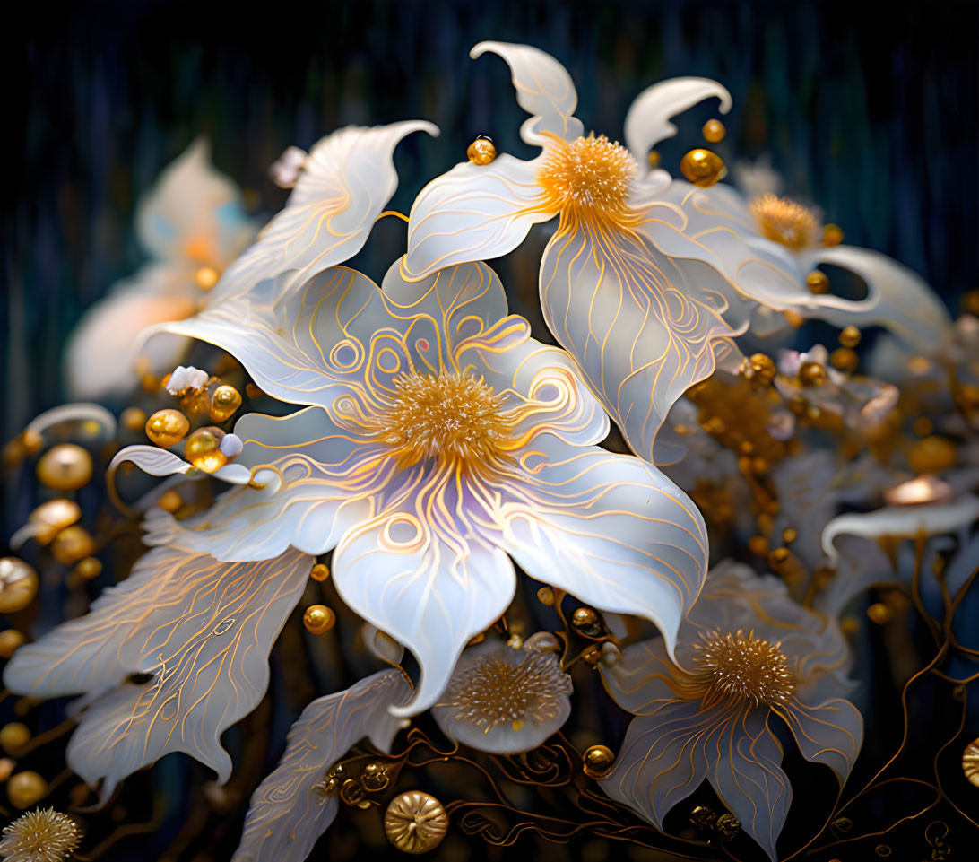 Ivory and Golden Flowers on Dark Abstract Background