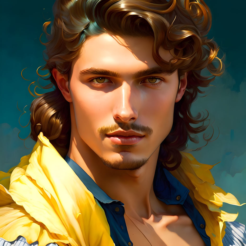 Young man with curly hair and yellow jacket in digital portrait