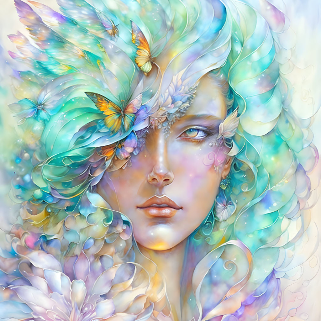 Portrait of woman with aqua hair, butterflies, flowers, pastel swirls.