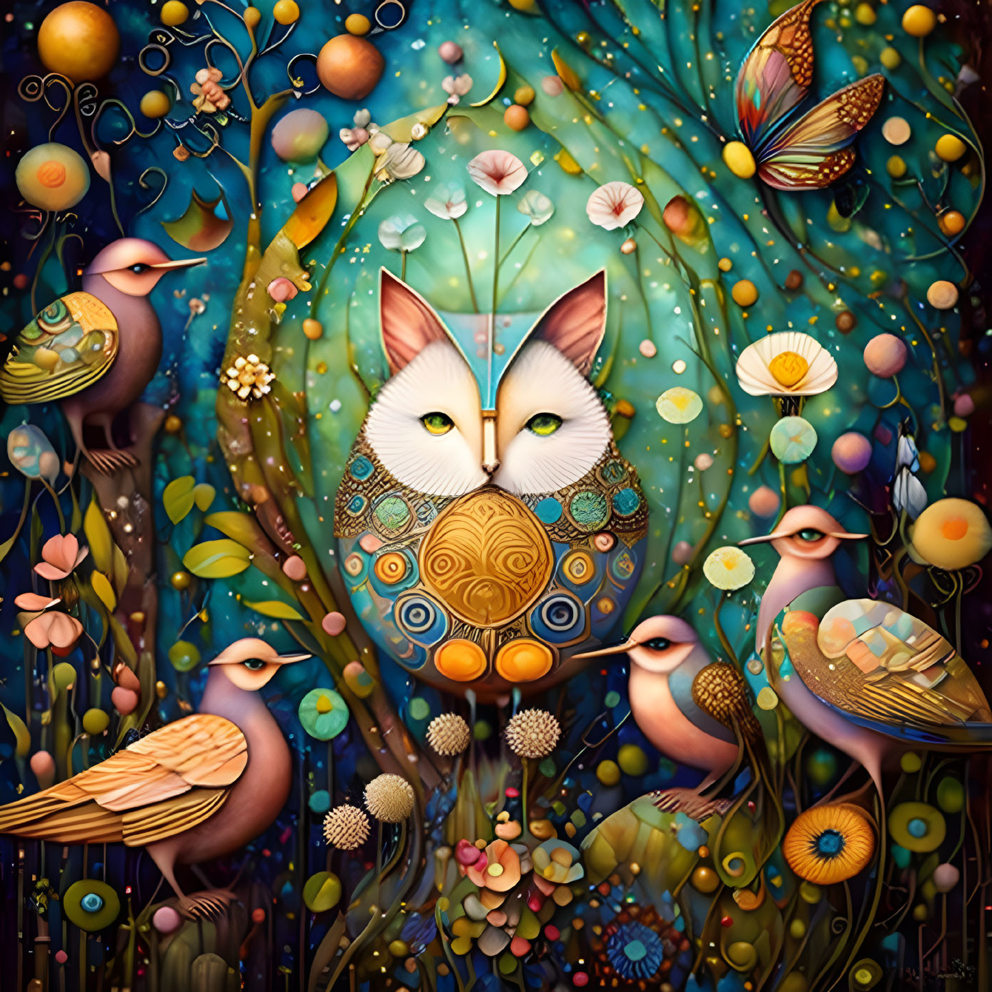 Colorful Owl Illustration Surrounded by Birds and Plants