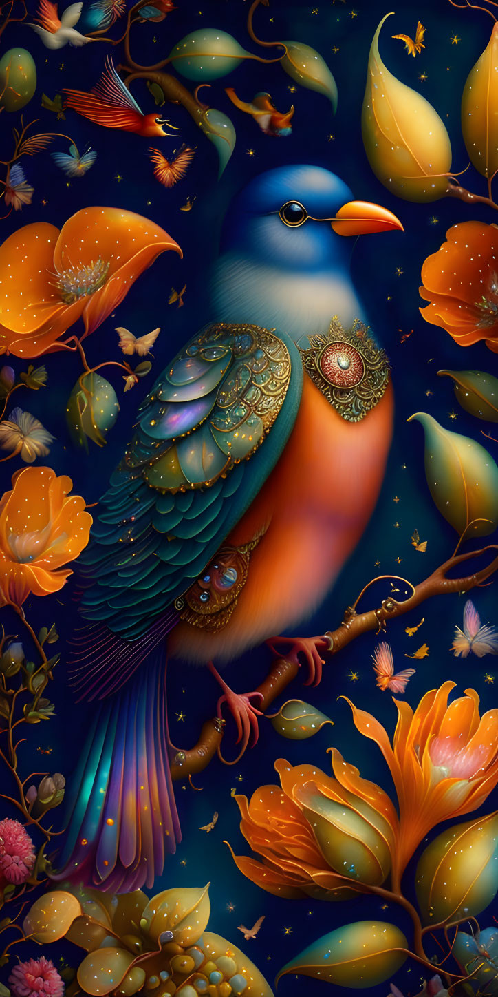 Colorful Stylized Bird Illustration Among Fantasy Flora and Starry Sky