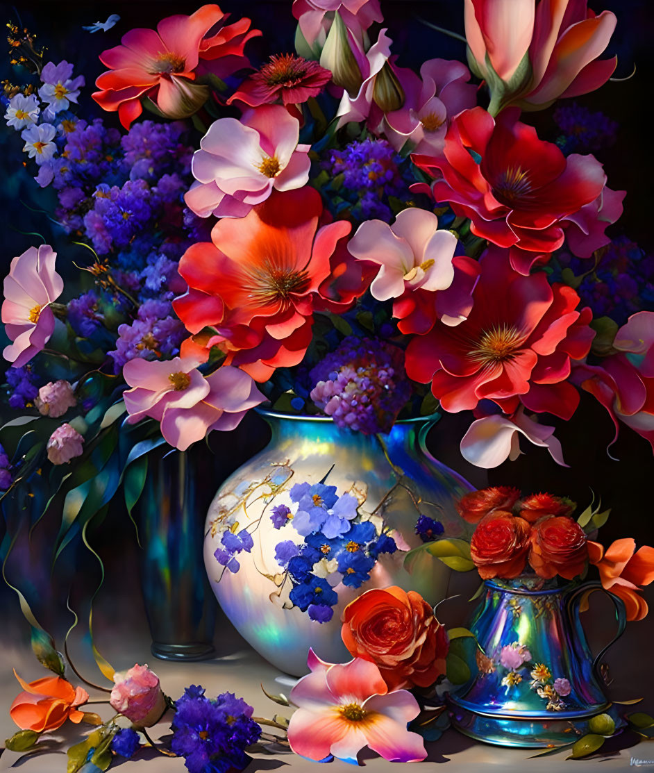 Colorful flower still life painting with poppies and lilies in ornate vases on dark backdrop