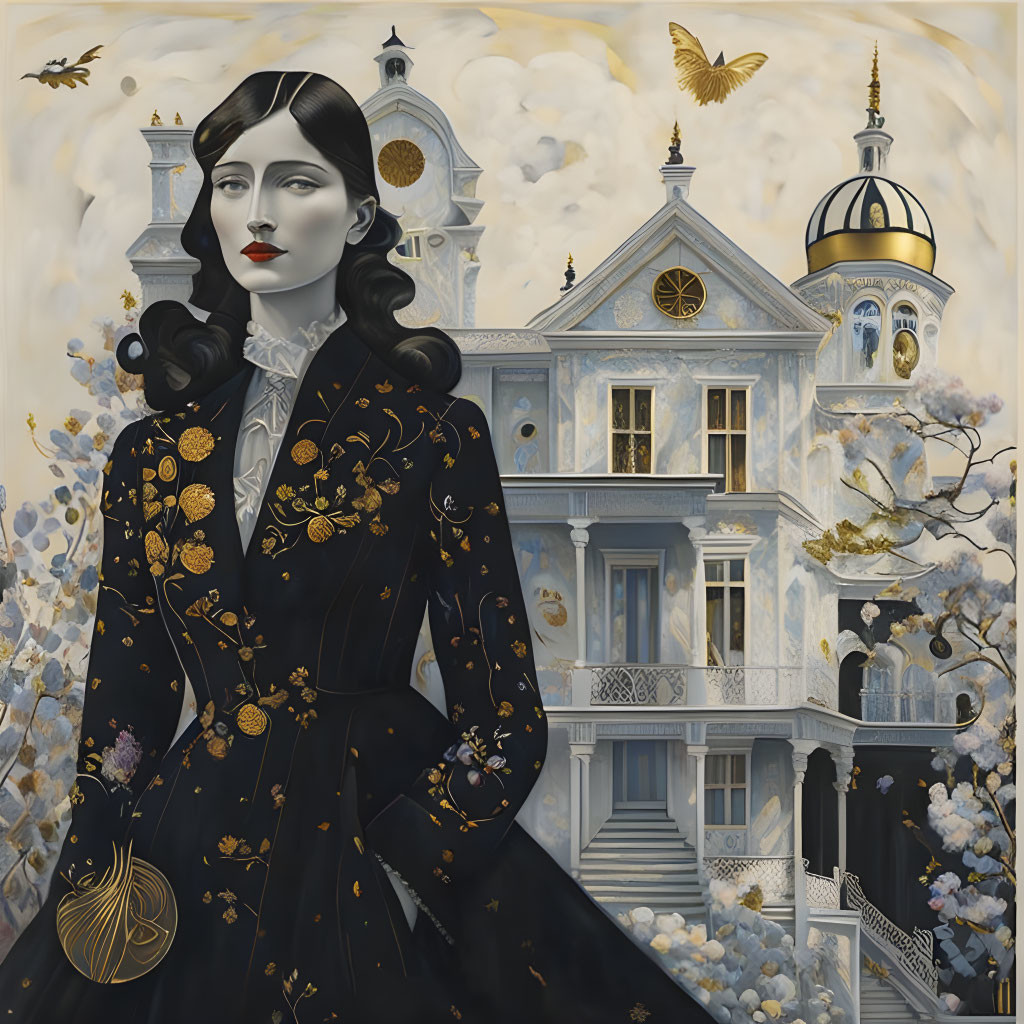 Stylized painting of woman in ornate black dress by whimsical mansion