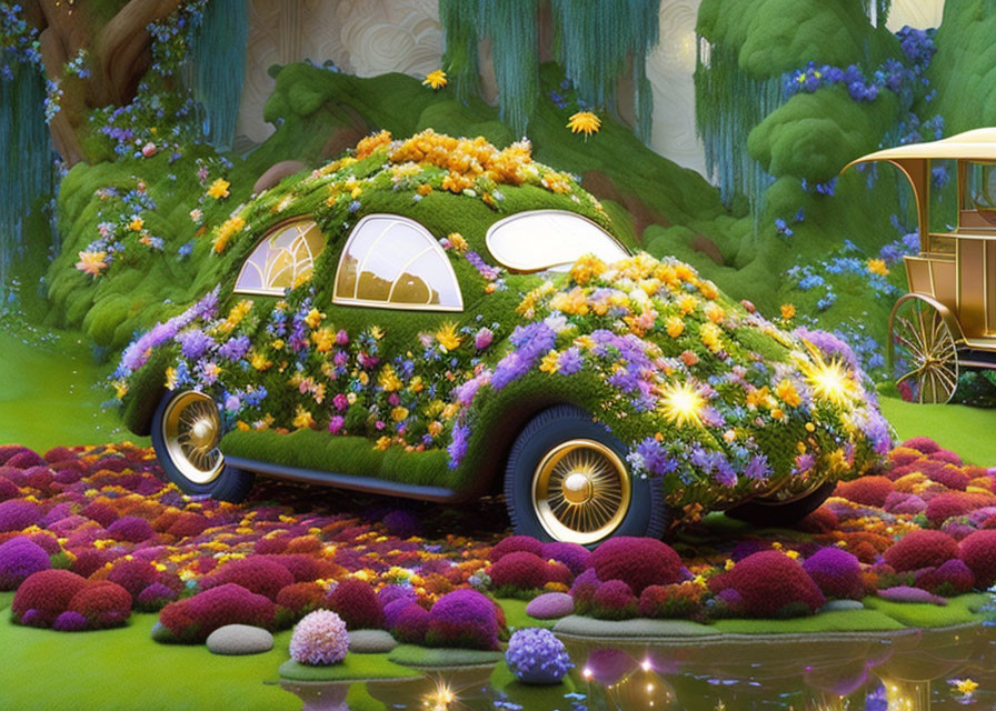 Colorful Flower-Adorned Car in Enchanted Garden with Vintage Carriage