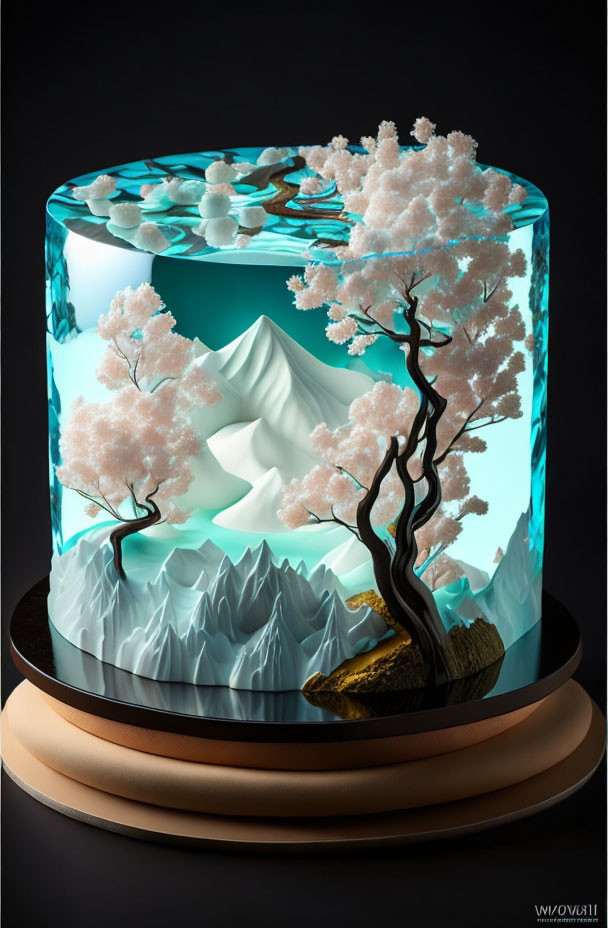 Three-Dimensional Mountain Landscape Cake with Cherry Blossoms and Tree