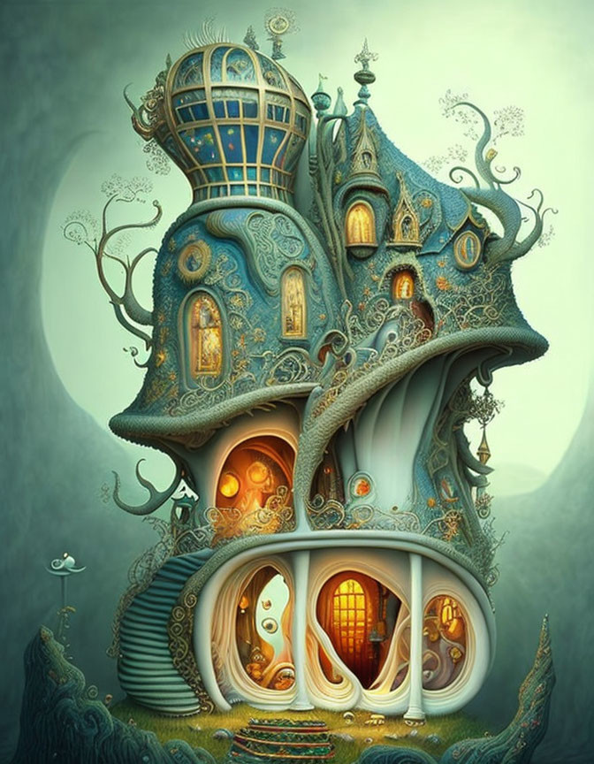 Fantasy house with organic structure and balloon tower against green backdrop