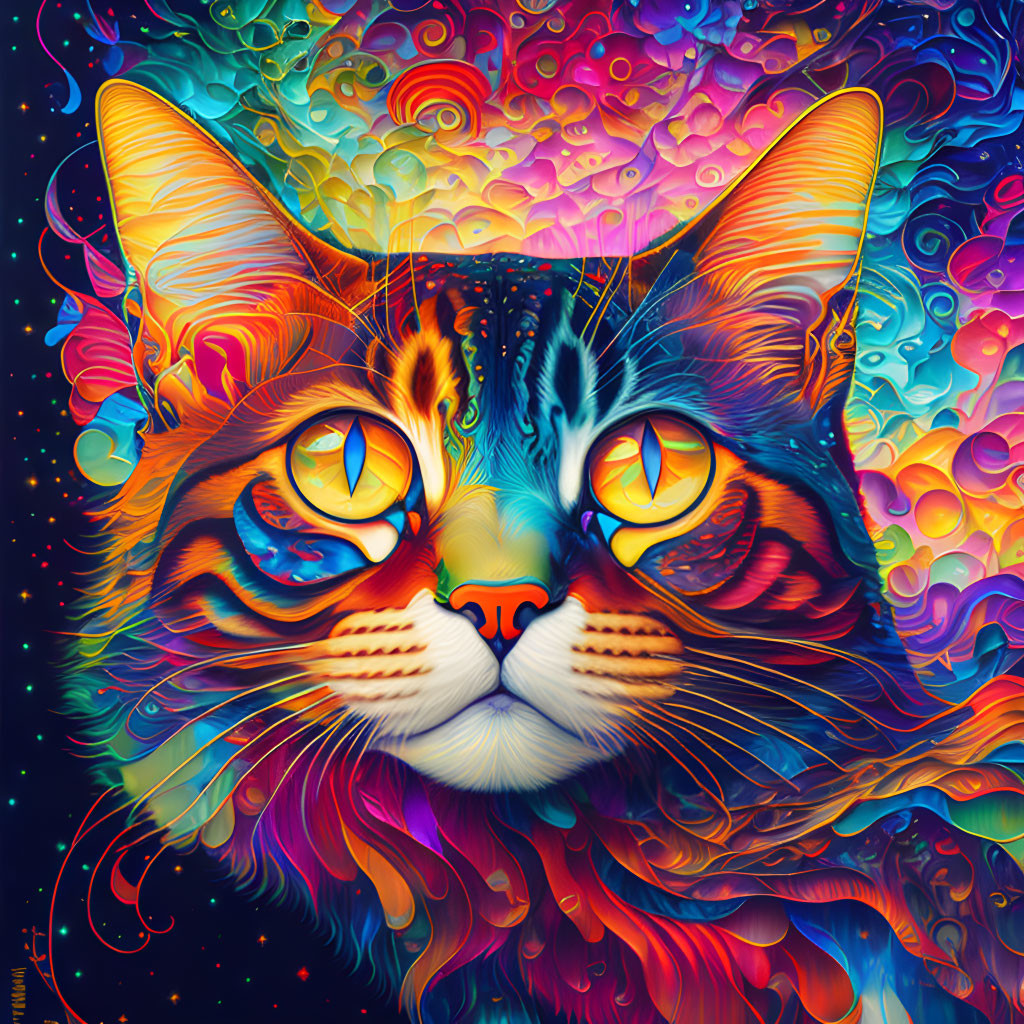 Colorful Psychedelic Cat Illustration with Orange-Yellow Eyes