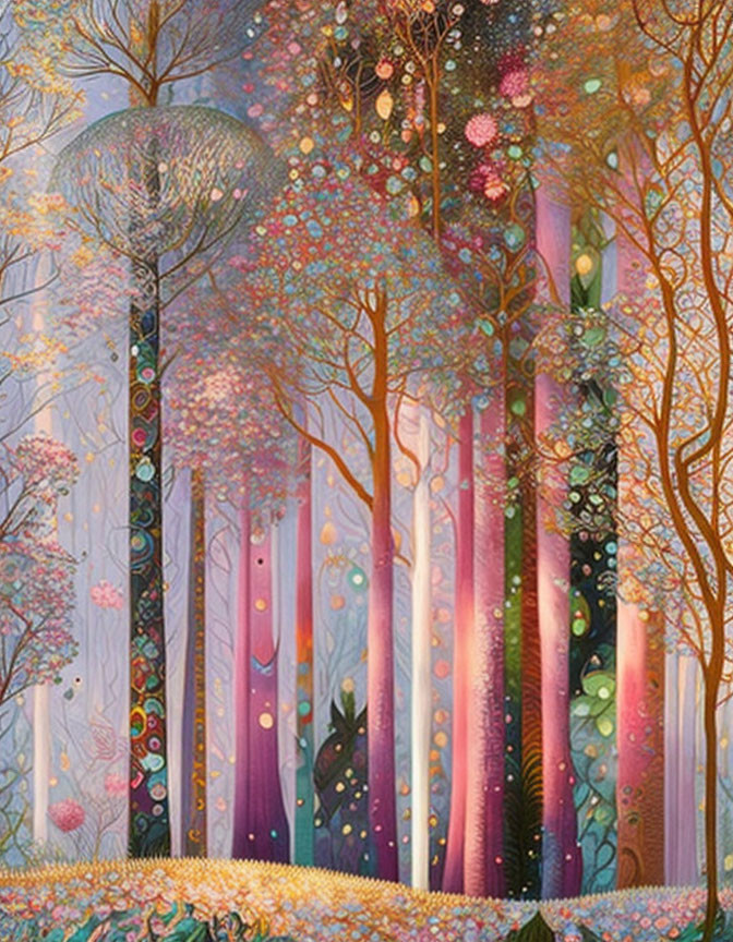 Colorful Abstract Forest with Pink and Purple Trees and Floral Patterns