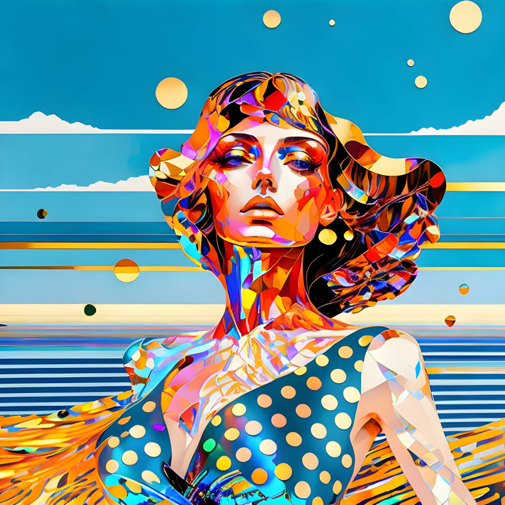 Colorful digital artwork: abstract woman with multicolored patterns against striped backdrop.