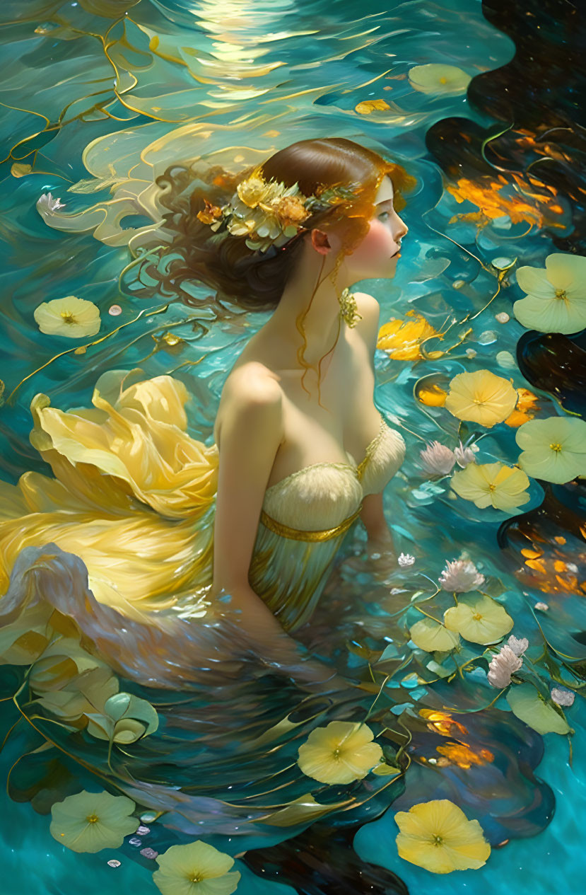 Woman with golden flowers in hair floating in water among lily pads in yellow dress