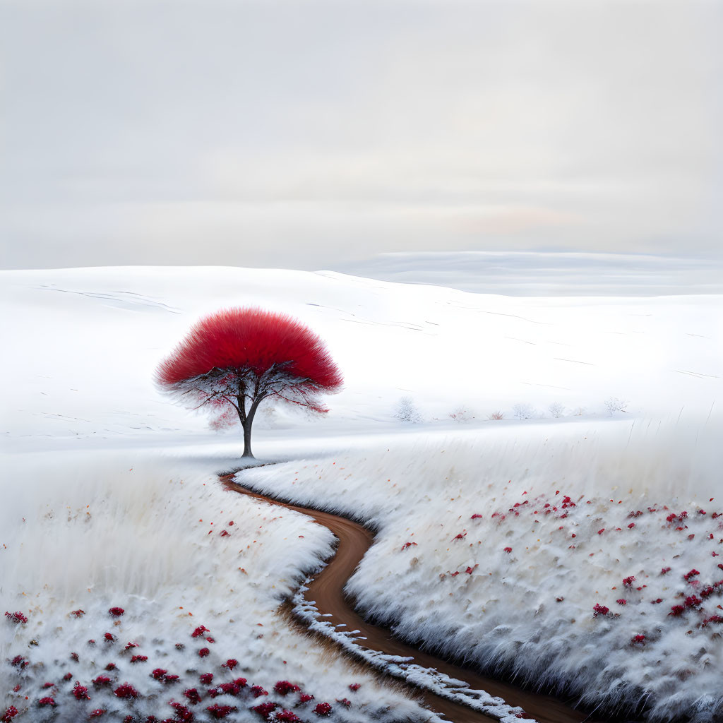 Vibrant red tree in snowy landscape with dirt path and red plants