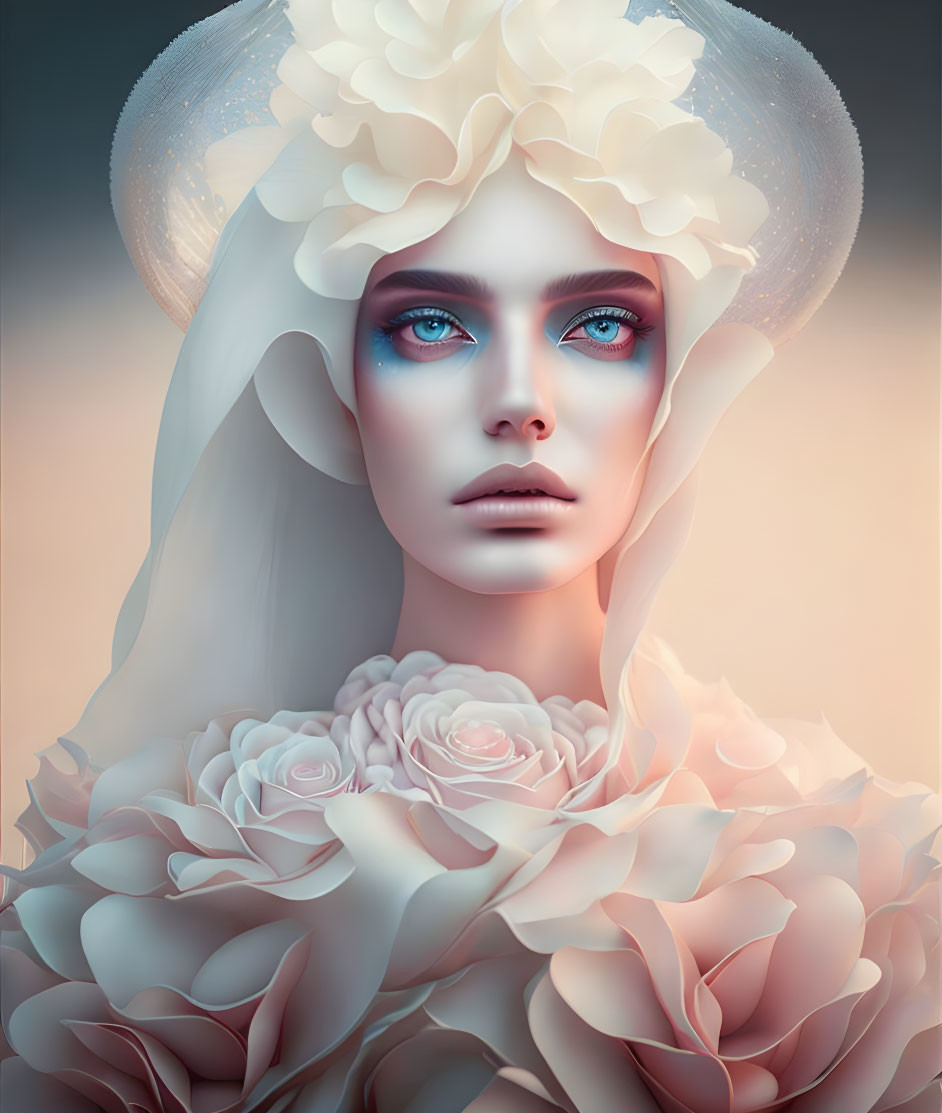 Stylized portrait of person with pale skin and floral headdress