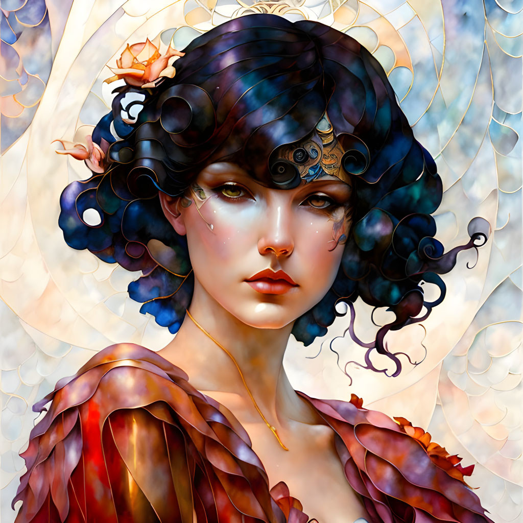 Intricate digital artwork of a woman with stylized black hair and red collar on golden geometric backdrop