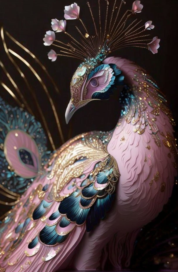 Detailed Peacock Illustration with Gold and Turquoise Feathers