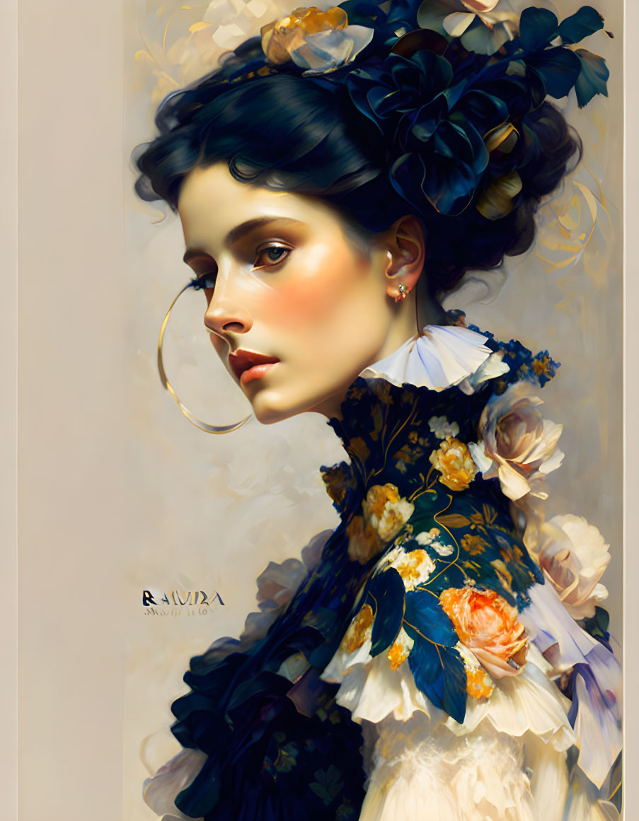 Digital painting of woman in floral dress with matching flower-adorned updo, soft tones and dream