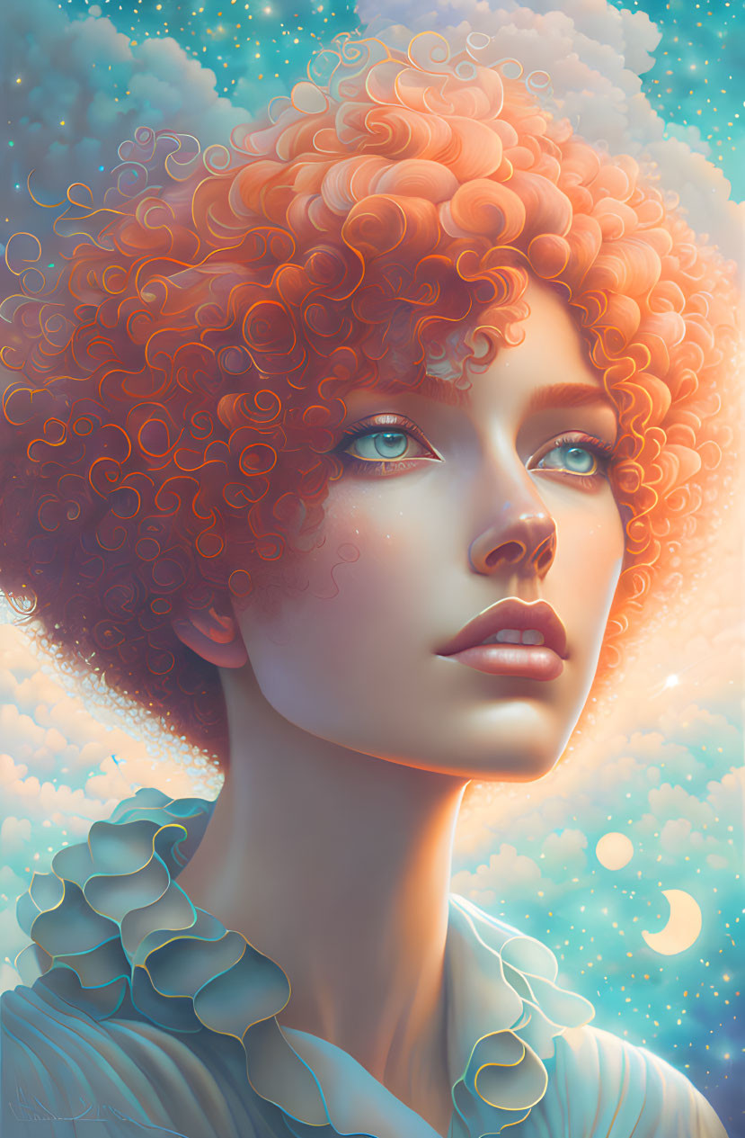 Vibrant red-haired woman in surreal celestial portrait