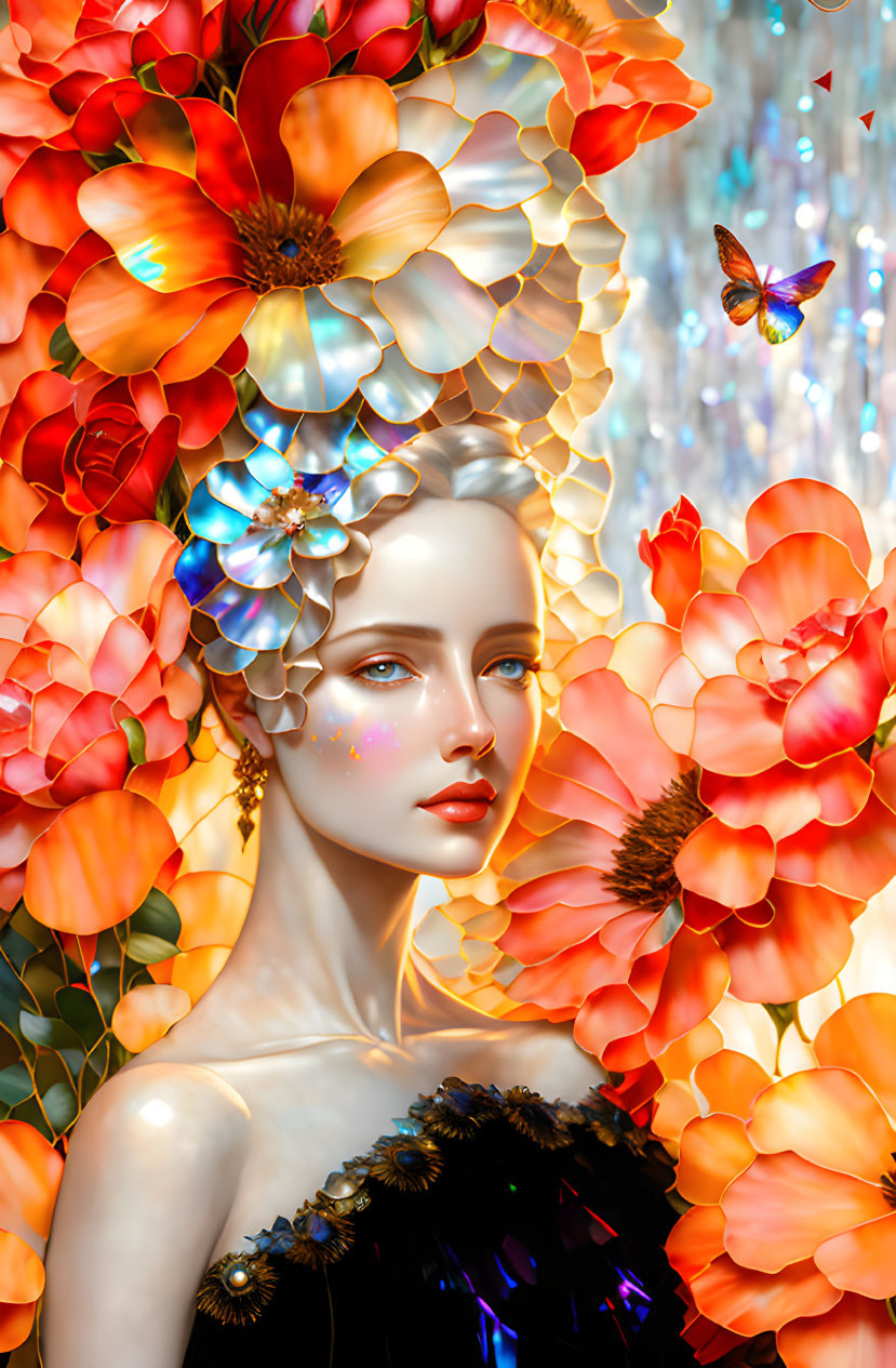 Digital Artwork: Woman with Orange Flowers, Butterfly, and Crystal Backdrop