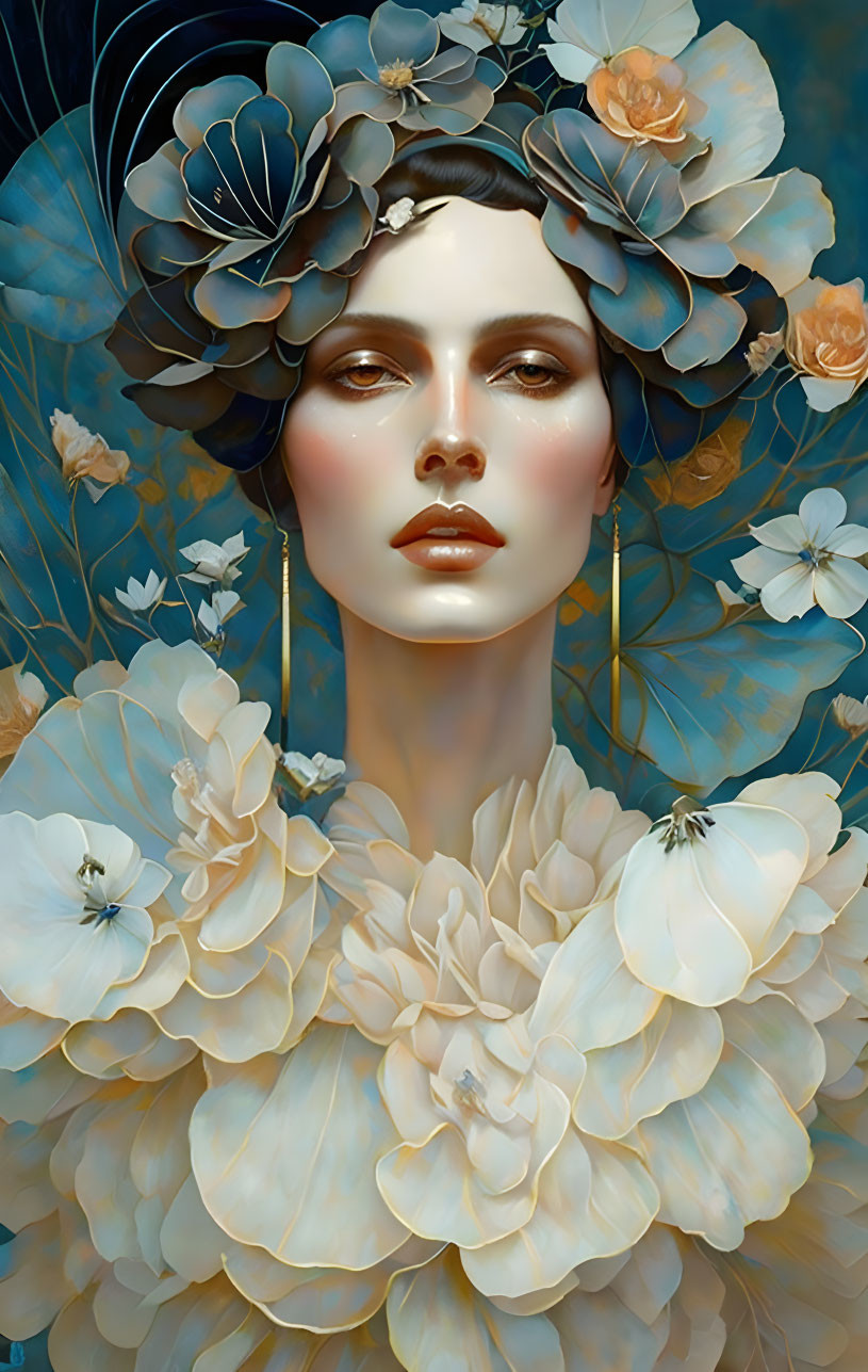 Woman in Floral Headdress and Blue Peach Tones