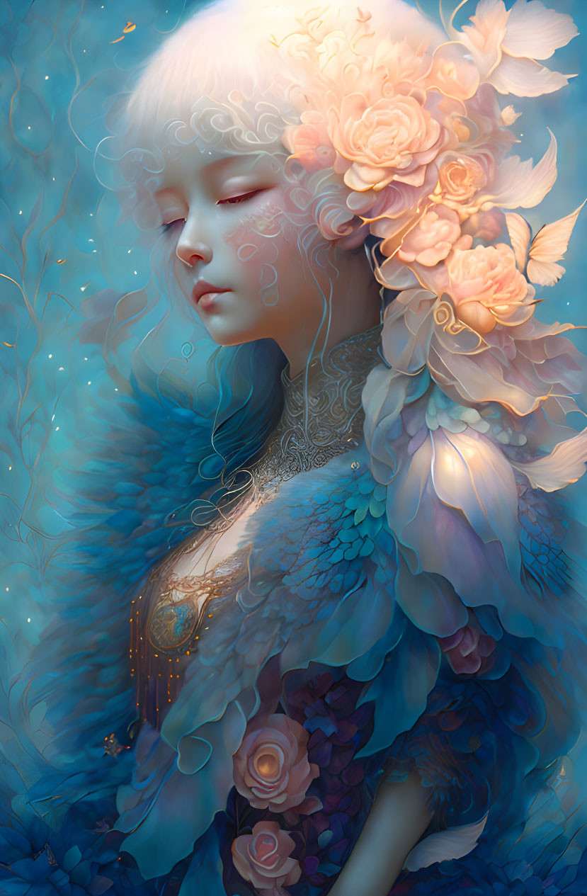 Ethereal figure with closed eyes in dreamy blue aura