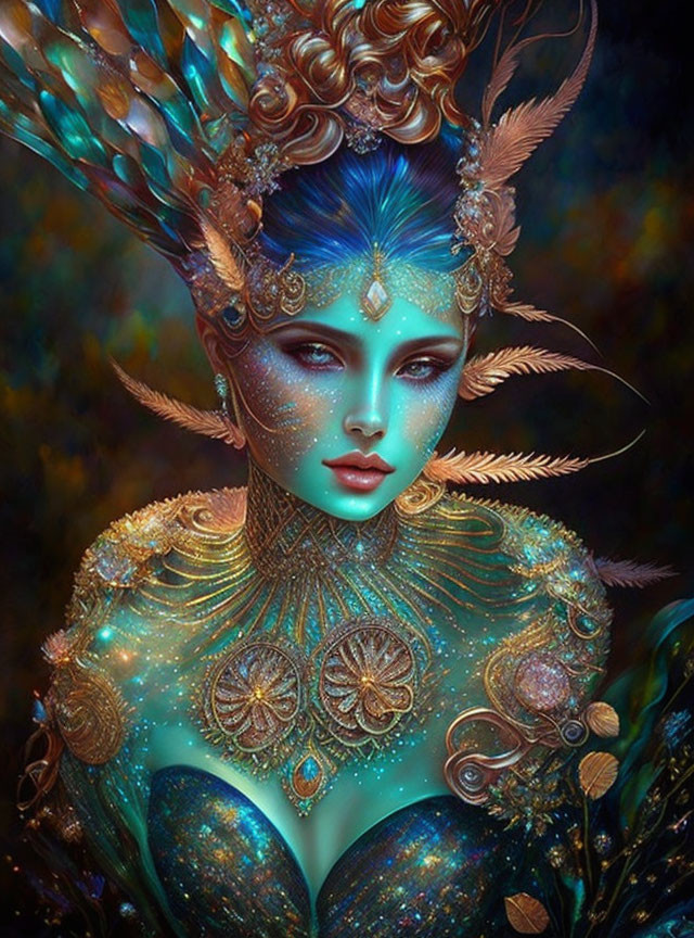 Intricate golden headdress and shimmering blue and gold body art portrait