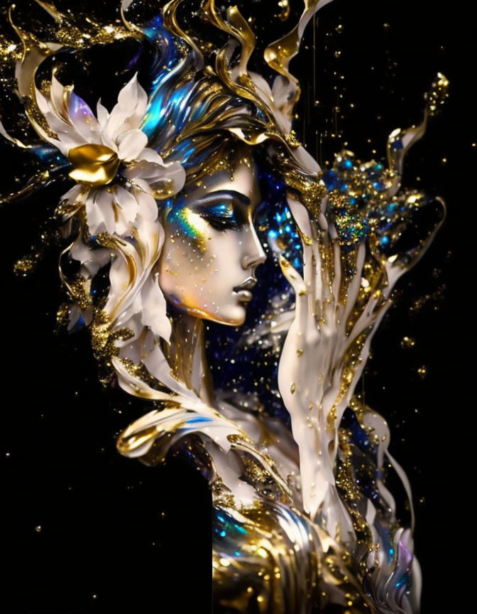 Golden and White Swirling Elements in Digital Art Portrait