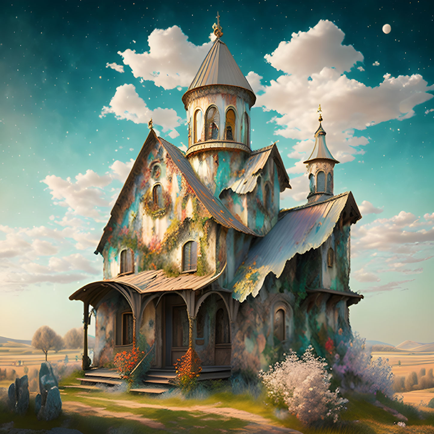 Fantasy-style illustration: Old church with spires, starry sky, serene landscape, blooming