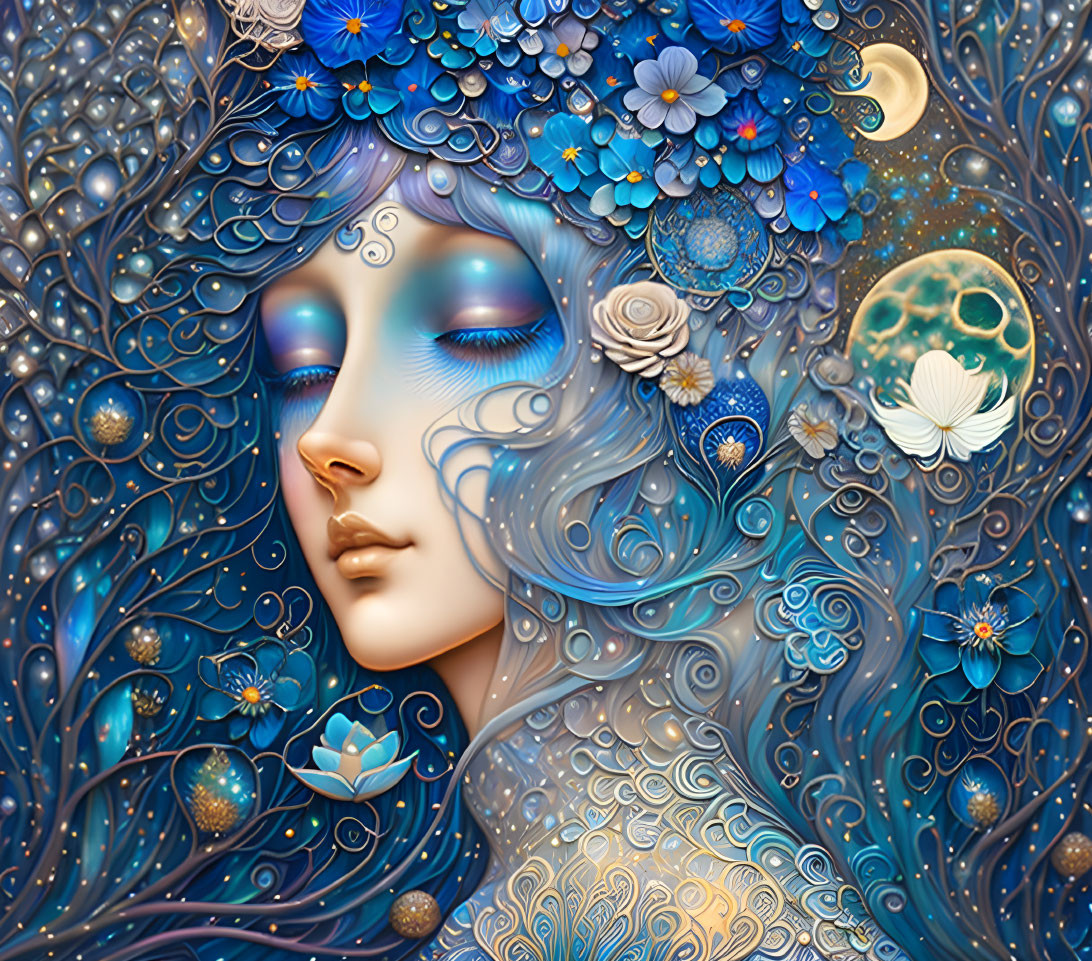 Detailed digital illustration: Woman with flowing hair, colorful flowers, celestial motifs, and aquatic elements.