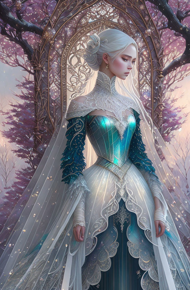 Pale-skinned fantasy character in silver and blue gown near ornate doorway among purple foliage