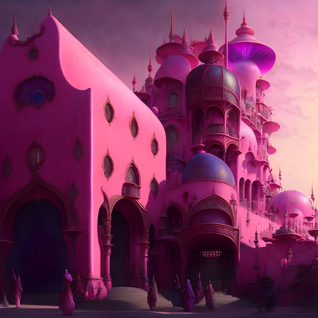 Pink palace with ornate domes and towers under purple sky, people in cloaks.