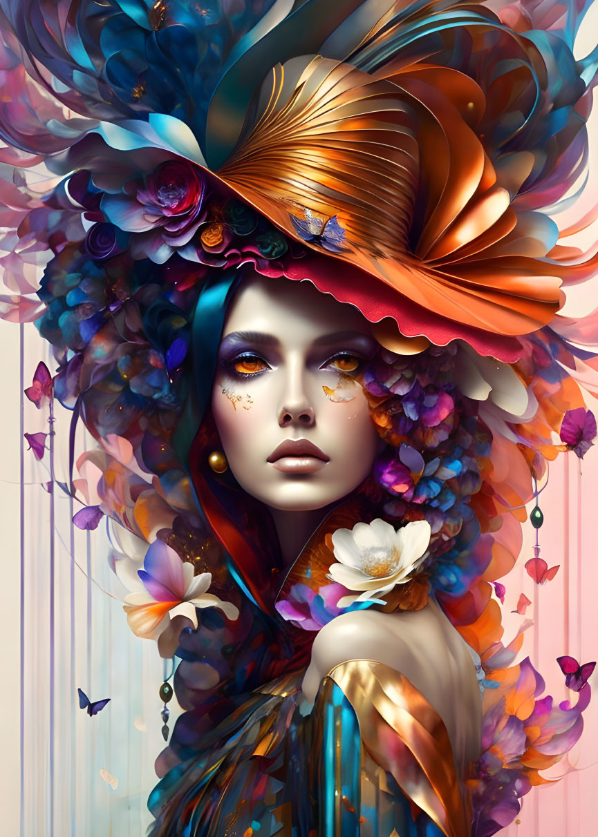 Colorful digital artwork: Woman with flower and feather headdress